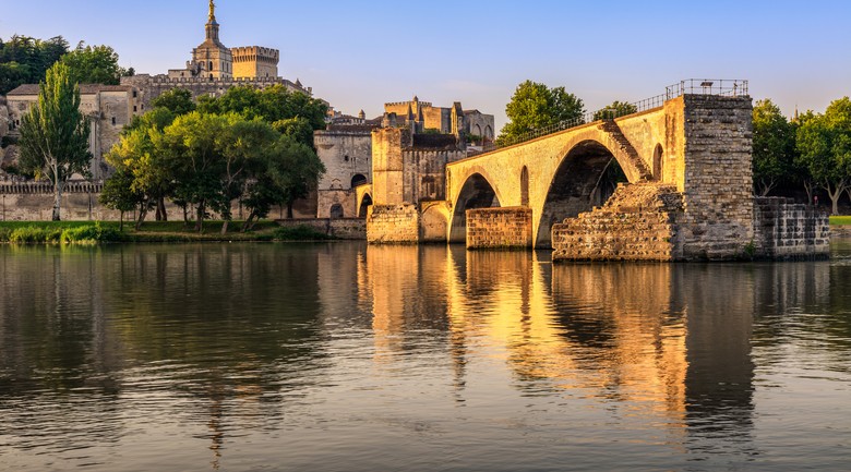 Bridge on the Rhone, in the background the  Cathedral bell tower and towers of the Popes Palace - Avignon