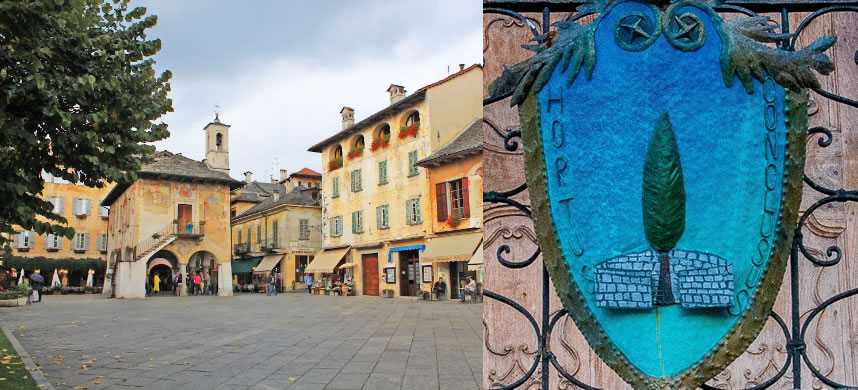 Orta San Giulio, Novara IT -a) Broletto della città, oggi Piazza Motta; b)Stemma del città